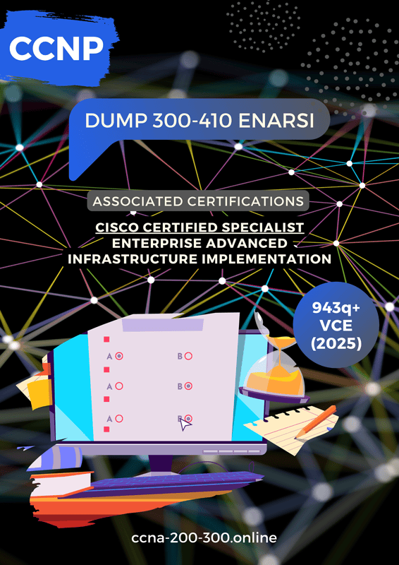 Visual guide to help pass 300-410 ENARSI Exam Dumps October 2025 updated, showing a monitor with an exam, hourglass, and study notes.